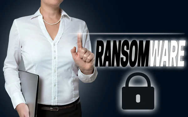 Layar sentuh ransomware adalah pengusaha wanita melayani latar belakang — Stok Foto