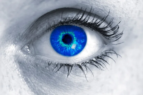 Μάτι με μπλε ίριδα φαίνεται στο θεατή έννοια μακροεντολής — Φωτογραφία Αρχείου