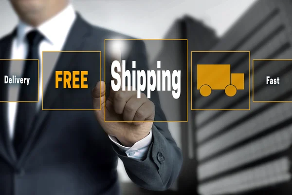 Free shipping touchscreen is operated by businessman — Stock Photo, Image