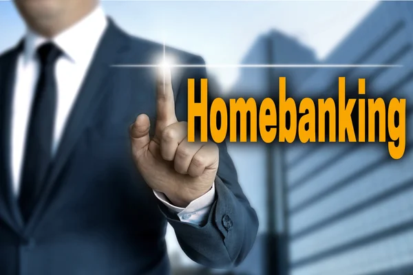 Homebanking Ekran Dotykowy Obsługiwany Jest Przez Biznesmena — Zdjęcie stockowe