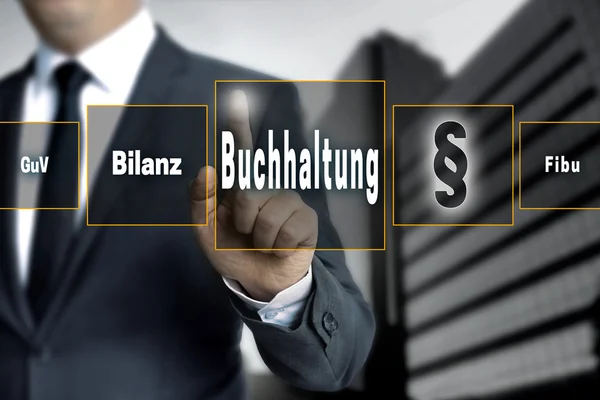 Buchhaltung Német Könyvelés Mérleg Pénzügyi Számviteli Profit Touchscreen Koncepció Háttér — Stock Fotó