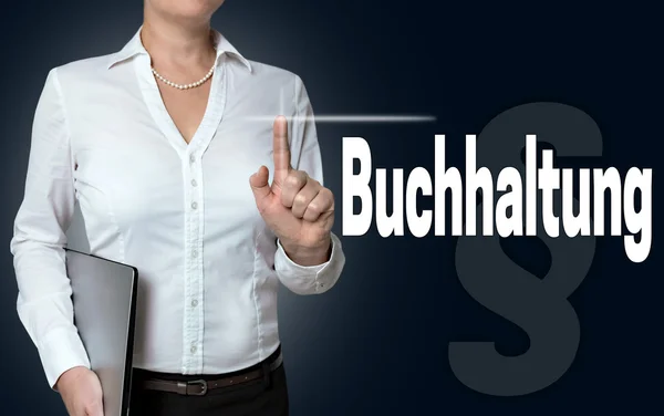 Buchhaltung (in german accounting) touchscreen is operated by bu — Stock Photo, Image