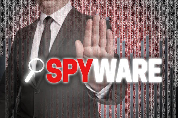 Spyware avec matrice est montré par l'homme d'affaires — Photo