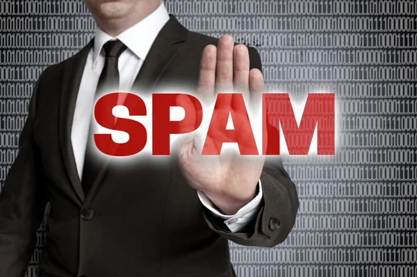 Spam with matrix is shown by businessman — Stock Photo, Image