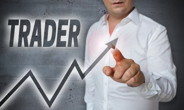 Trader touchscreen is operated by man — Stock Photo, Image