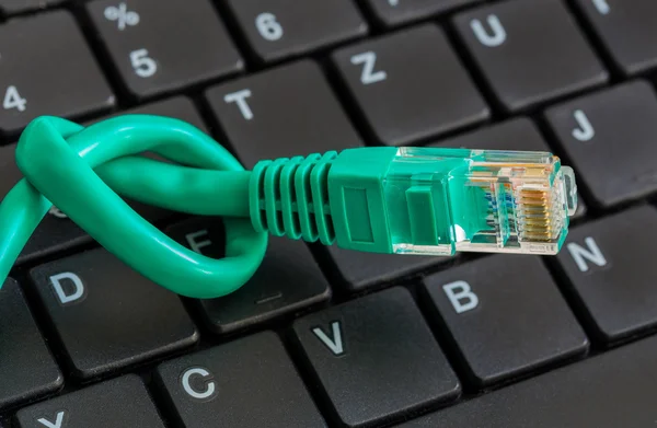 Ağ kablosu ile yeşil düğüm ve klavye — Stok fotoğraf