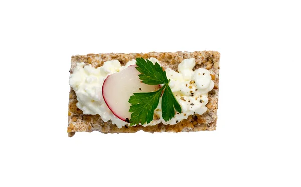 Crispbread Isolated with cottage cheese radishes and chives — Stock Photo, Image