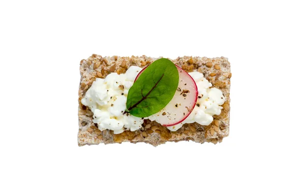 Crispbread with cottage cheese radishes and beetroot leaf isolat — Stock Photo, Image