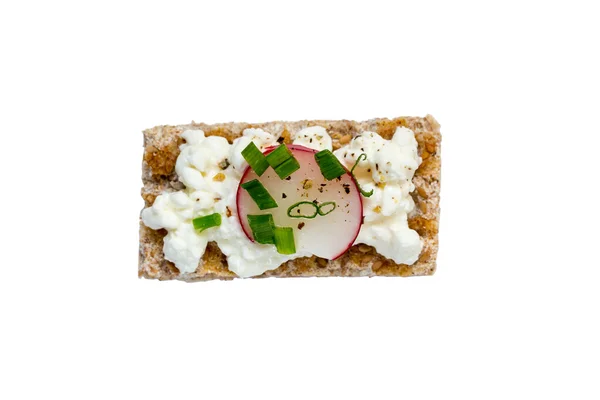 Crispbread isolated with cottage cheese radishes and chives — Stock Photo, Image