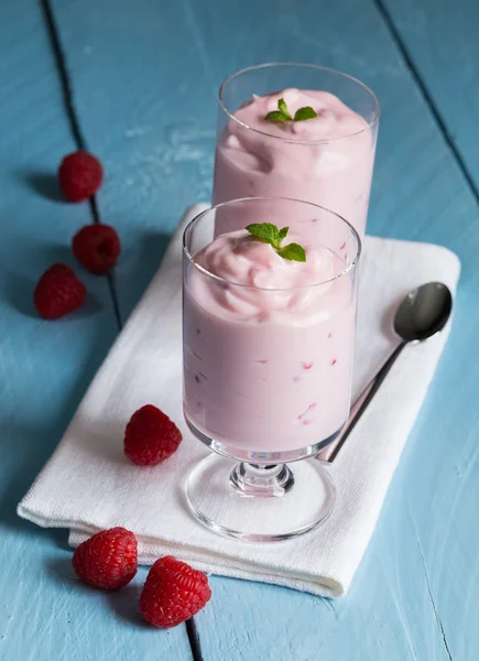 Raspberry cream dessert with mint — Stock Photo, Image