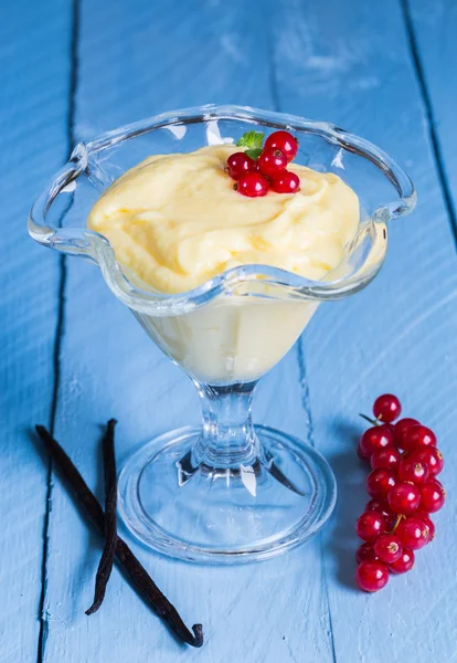 Vanilla cream dessert with vanilla bean and currant — Stock Photo, Image