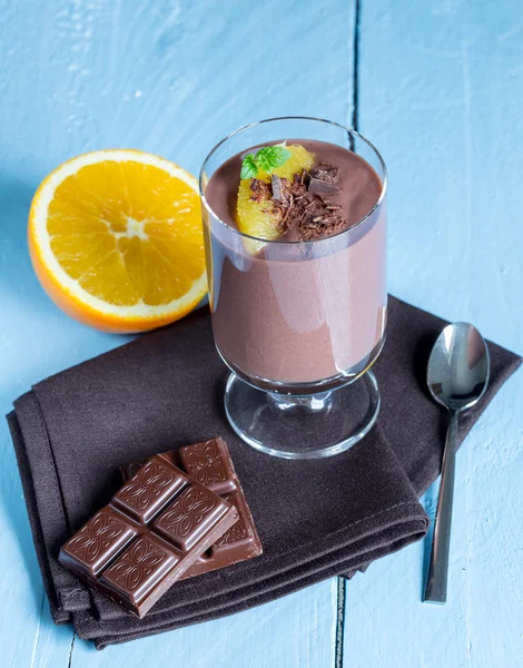 Chocolate pudding dessert with orange and pistachio — Stock Photo, Image