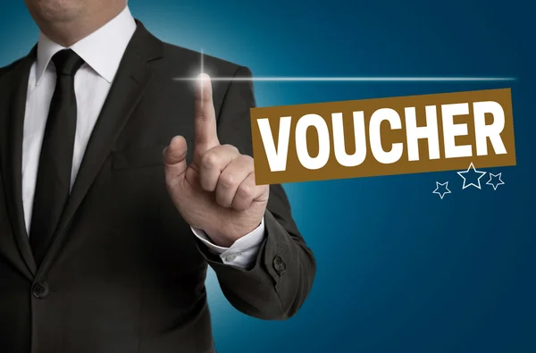 Gutschein-Touchscreen wird von Geschäftsmann-Konzept bedient — Stockfoto