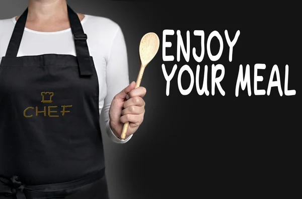 Enjoy your meal cook cooking spoon holds background — Stock Photo, Image