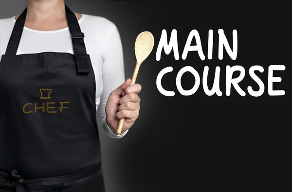 Main course cook holding wooden spoon background — Stock Photo, Image