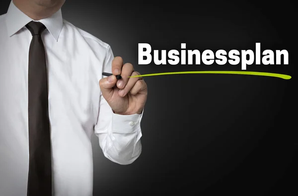 Plano de negócios é escrito pelo conceito de fundo do empresário — Fotografia de Stock