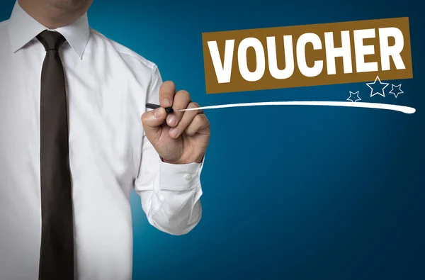 Voucher est écrit par fond d'homme d'affaires — Photo