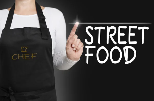 Koncepcja ekran dotykowy obsługiwany kucharz tło ulicy żywności — Zdjęcie stockowe