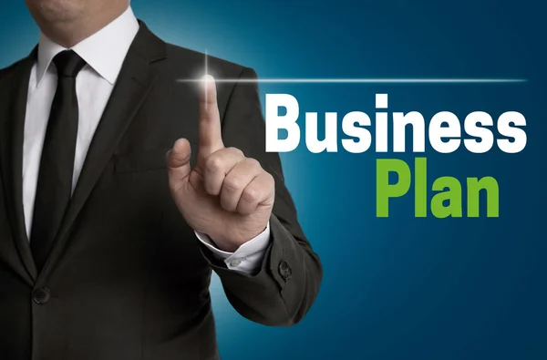 Businessplan ekran dotykowy obsługiwany jest przez biznesmen koncepcja — Zdjęcie stockowe