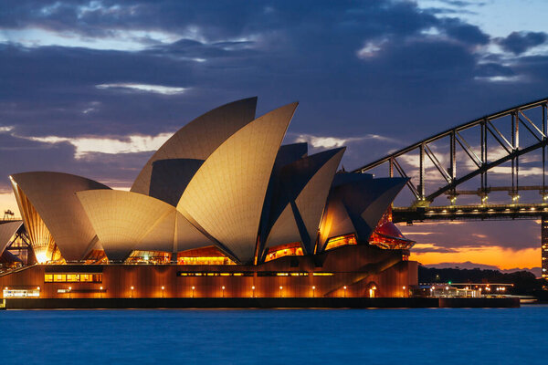 Sydney Opera House and Bridge at Dusk in Australia