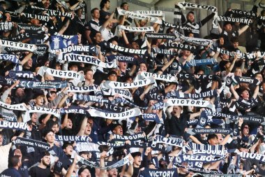 MELBOURNE, AUSTRALIA - 18 Ekim 2025: Melbourne Victory ve Auckland FC arasında oynanan A-League Mens maçından önce Melbourne Victory taraftarları 18 Ekim 2025 'de Melbourne, Avustralya' da.