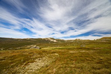 Kosciuszko Ulusal Parkı, Yeni Güney Galler, Avustralya 'daki Charlotte Pass yakınlarında sıcak bir yaz gününde, ana sıradağ boyunca ikonik Mavi Göl yürüyüş pisti.