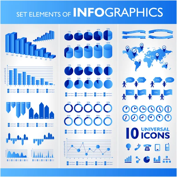 Blaue Infografik. universelle Vektorsymbole gesetzt. Statistik. — Stockvektor