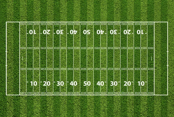 Campo de fútbol americano con marcas de hachís y yardas. Hierba te —  Fotos de Stock