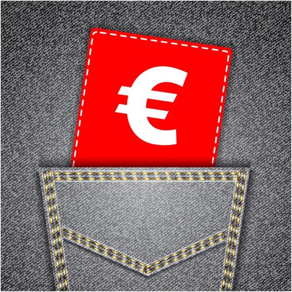 Euro sign tag. Black back jeans pocket realistic denim texture — Stock Vector