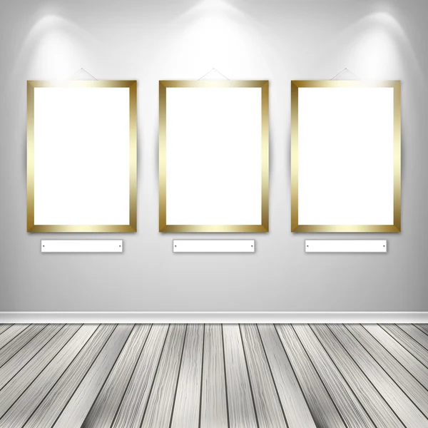 Galeria interior com três molduras vazias na parede . — Fotografia de Stock