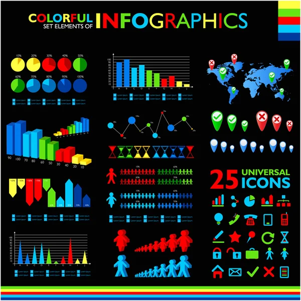 Colorful infographics set on black background and icons set. — Stock Vector