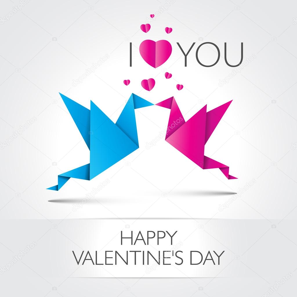 Two kissing origami birds. Love card concept Happy Valentines Da