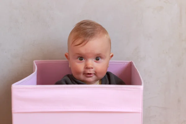 Cute little baby look from pink box — Stock Photo, Image