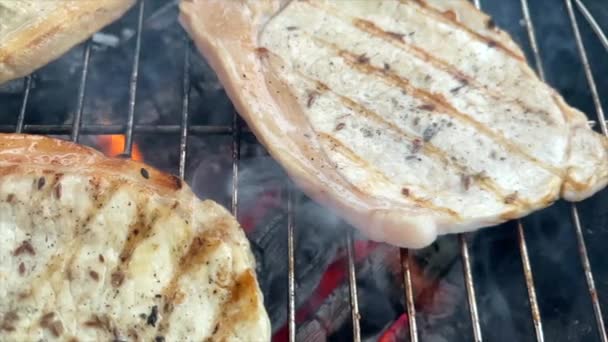 Grill z grillowaną wieprzowiną w plasterkach — Wideo stockowe