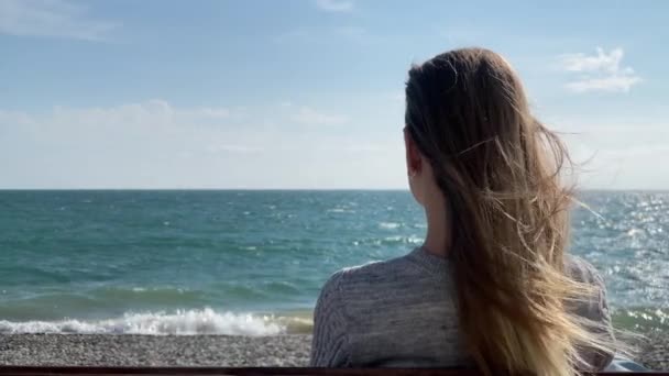 Denizin kenarında dinlenen ve ona bakan bir kadın. — Stok video