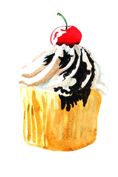 Cupcake. Mão desenhado aquarela pintura no fundo branco . — Fotografia de Stock