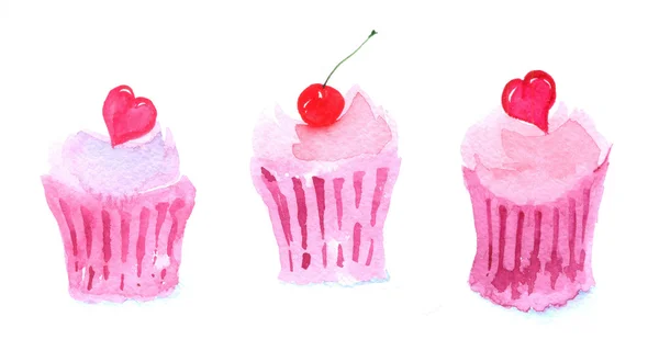 Cupcake. Pittura ad acquerello disegnata a mano su sfondo bianco . — Foto Stock