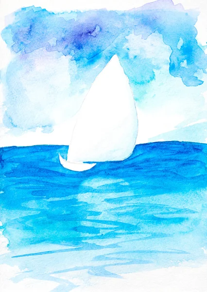 Watercolor landscape. Sailboat. — Stock Photo, Image