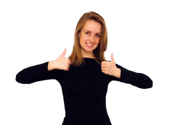 Mujer joven haciendo pulgares hacia arriba — Foto de Stock