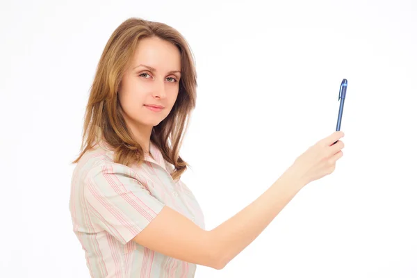 Business woman with hand show with blank sign — Stock Photo, Image