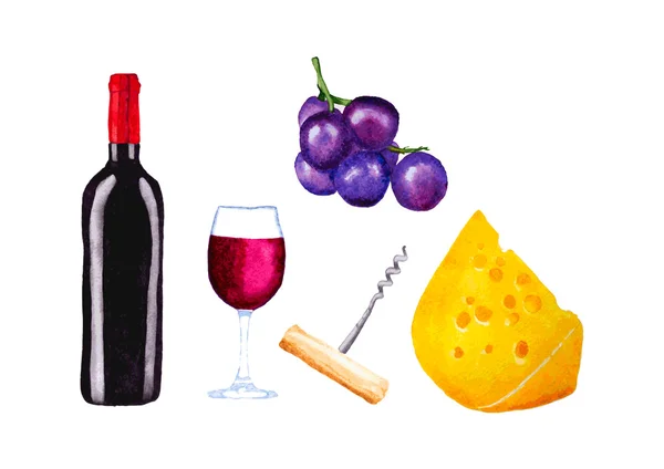 Bouteille de vin, verre, tire-bouchon, fromage, raisin — Image vectorielle