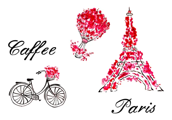 Torre Eiffel, bicicleta, globo con letras de París — Vector de stock