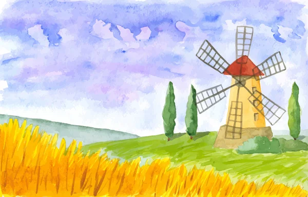 Old windmill. Watercolor. Vector. — Stock Vector