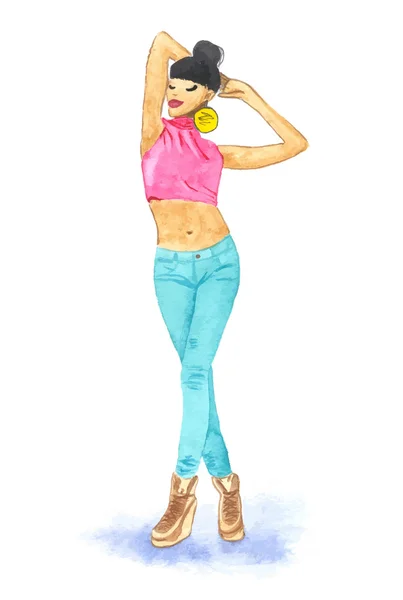 Cute girl in blue jeans. Watercolor. Vector. — Stock Vector