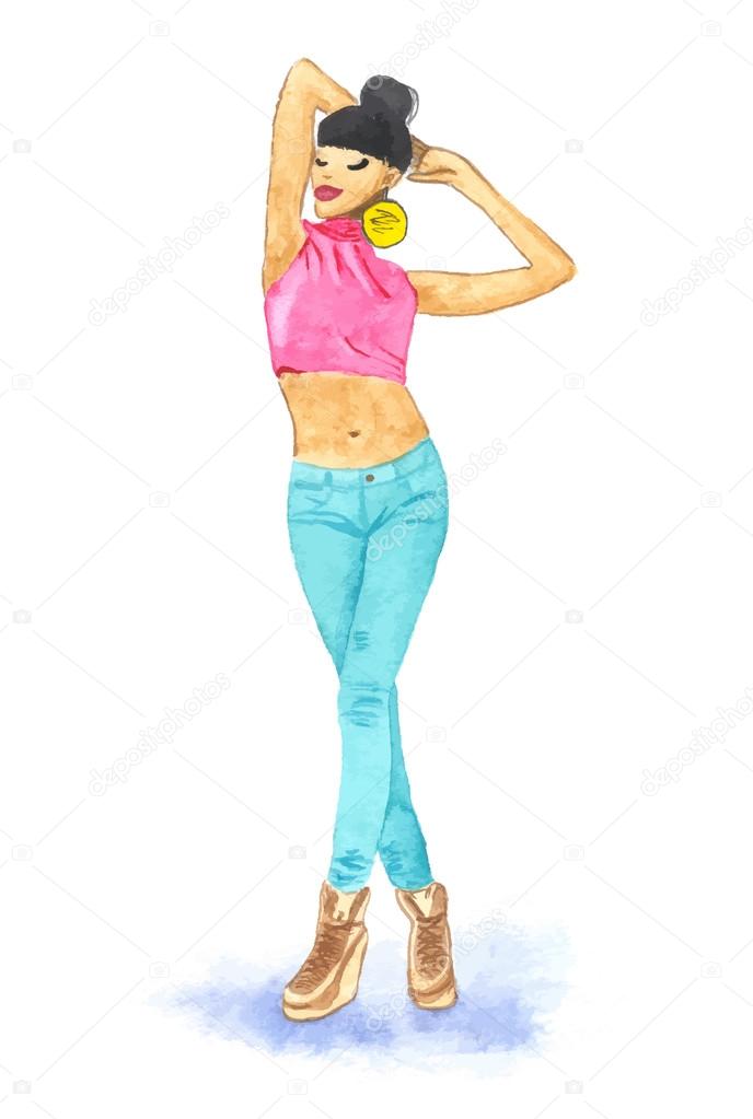 Cute girl in blue jeans. Watercolor. Vector.