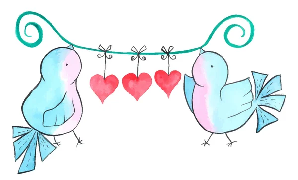 Lindos pájaros con corazones. Vector. Acuarela . — Archivo Imágenes Vectoriales