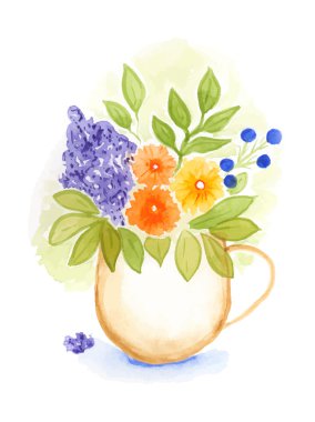 Bir vazoda boyalı çiçekler. Suluboya. Vektör.