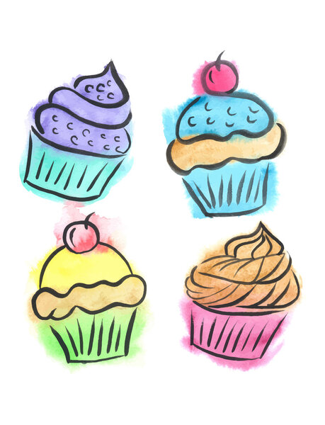 Cute cupcakes. Watercolor, vector.