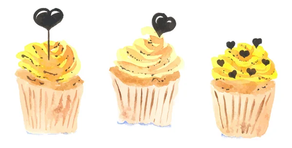 Cute cupcakes with hearts. Watercolor, vector. — Stock Vector