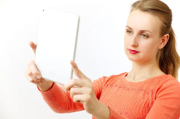 Woman making selfie on tablet — Stock Photo, Image